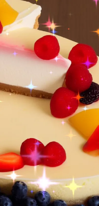 Cheesecake topped with vibrant berries and peach slices.