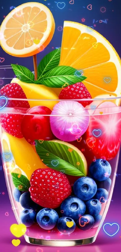 Colorful fruit cocktail illustration with vibrant fruit in a glass.