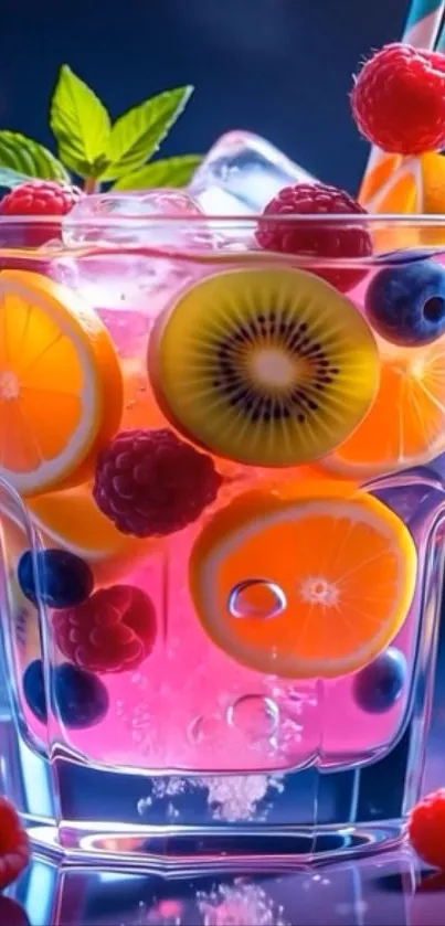 Colorful fruit cocktail in a glass with vibrant fruits.