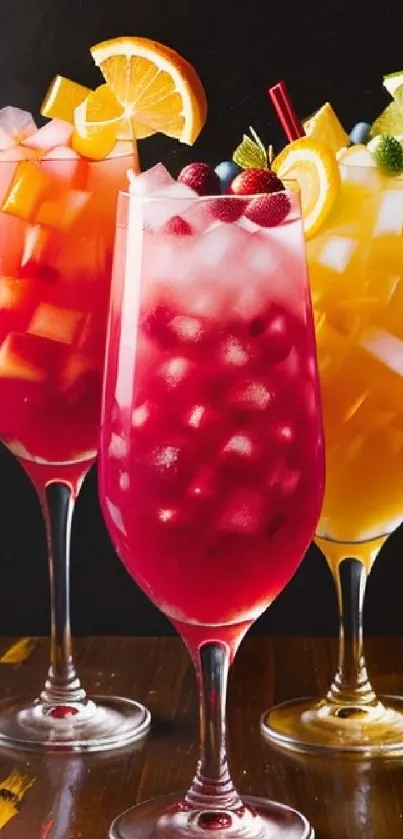 Vibrant fruit cocktails with citrus garnishes on a wooden surface.