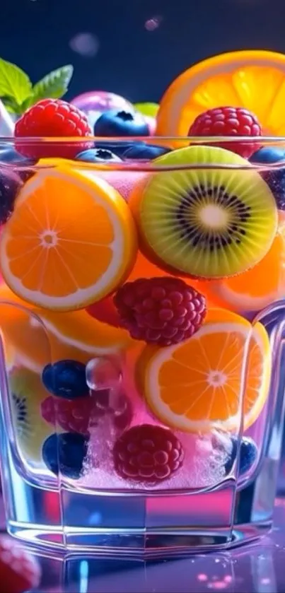 Colorful fruit cocktail in glass wallpaper
