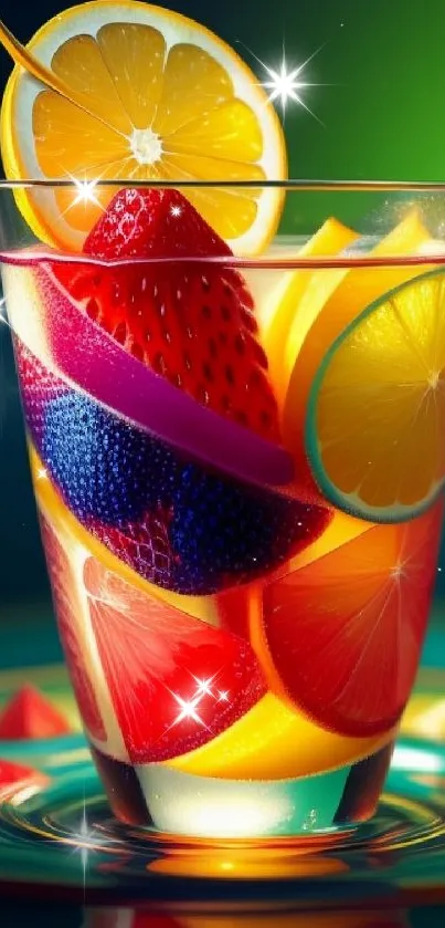 Vibrant fruit cocktail wallpaper with bright citrus and berries in a glass.