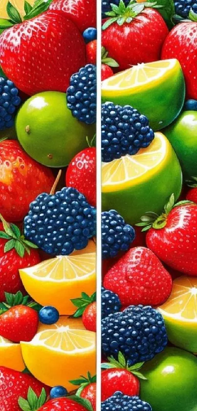 Colorful wallpaper with strawberries, lemons, and green apples.