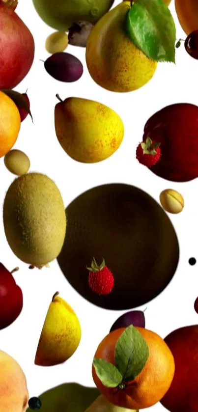 Vibrant collage of colorful fruits floating on a white background.