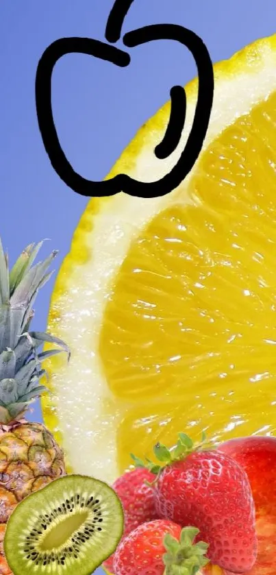 Vibrant fruit collage with citrus and blue background for mobile wallpaper.