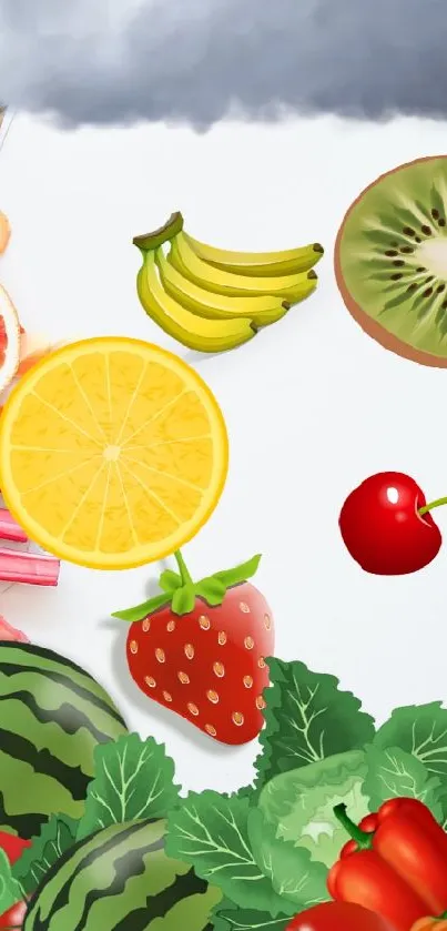 Colorful fruit collage with strawberries and oranges on white background.