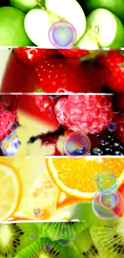 Colorful fruit collage wallpaper for mobile backgrounds with a vibrant style.