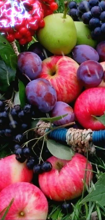 Vibrant collection of apples, grapes, and plums in a lush green setting.