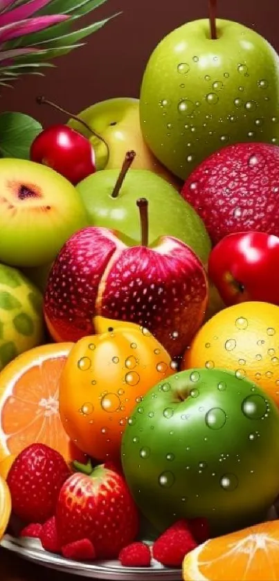 Colorful fruit collection wallpaper with apples and oranges.