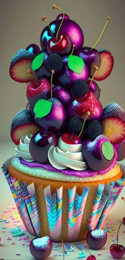 Colorful cupcake with vibrant fruits as mobile wallpaper.