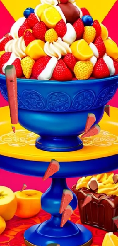 Colorful fruit dessert in a blue bowl mobile wallpaper.