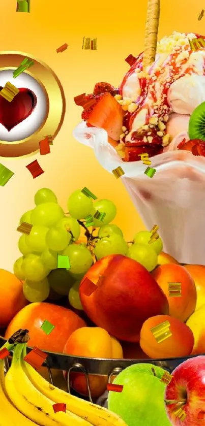 Vibrant display of fruits and desserts with an orange background.