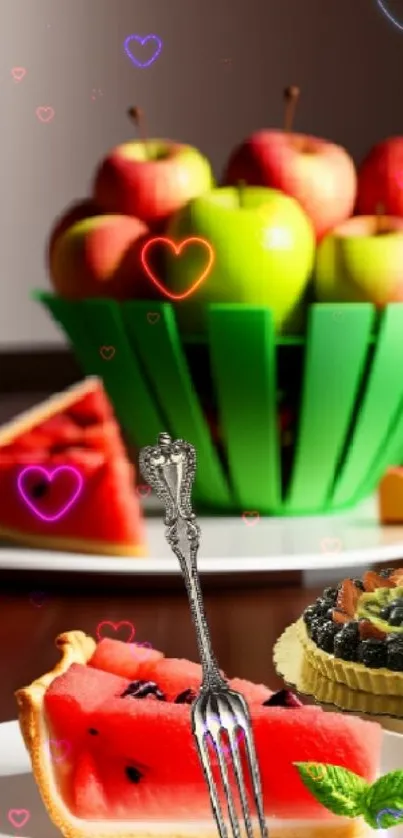 Colorful fruit arrangement with apples and watermelon on plates.