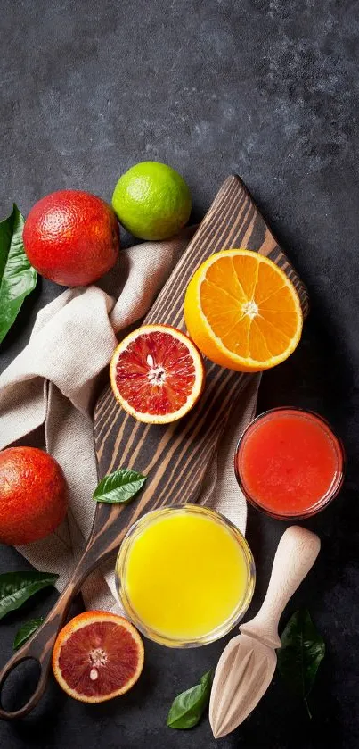 Vibrant display of citrus fruits on a rustic board.