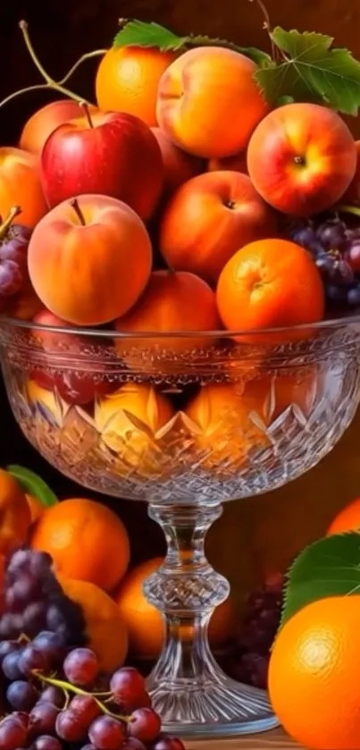 Colorful fruit bowl with oranges, peaches, and grapes in a crystal dish.