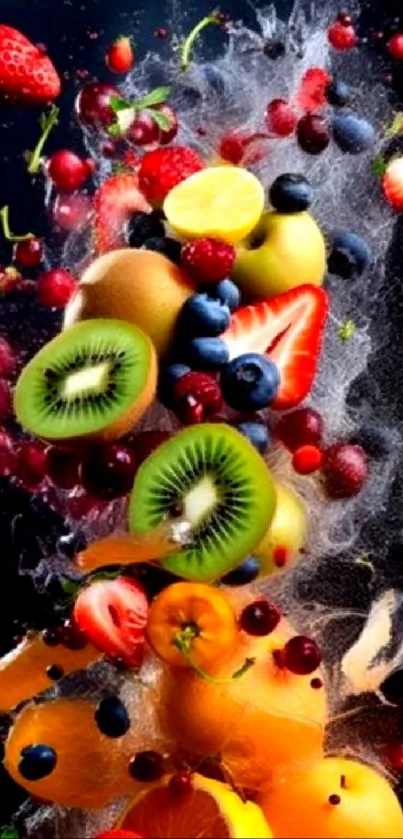 Dynamic fruit explosion wallpaper with vibrant colors.