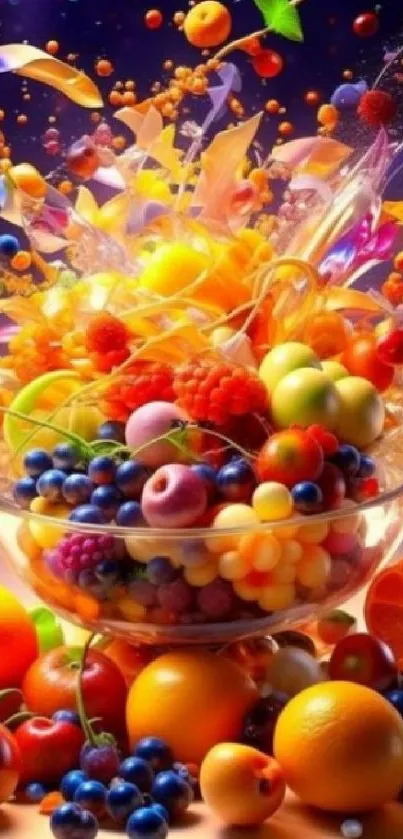 A vibrant fruit explosion wallpaper with colorful oranges, grapes, and berries.