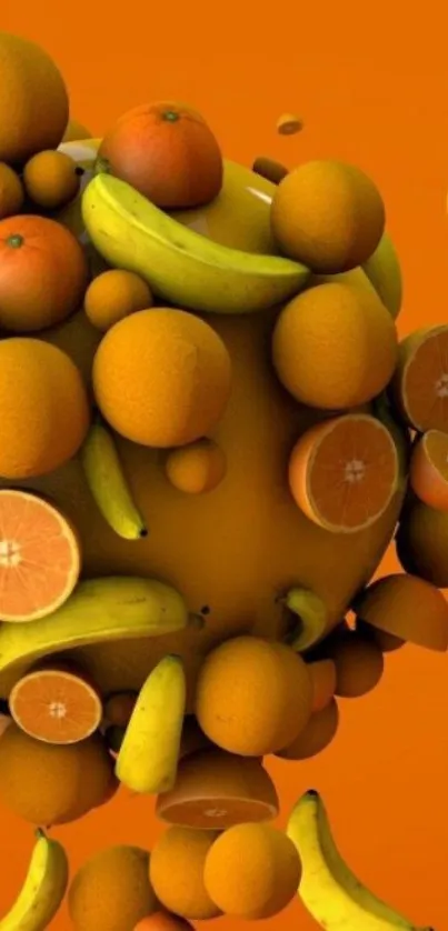 Vibrant oranges and bananas on a swirling orange background.