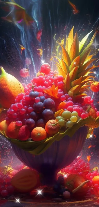 Vibrant wallpaper of a colorful fruit explosion with dark blue background.