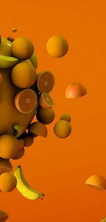 Vibrant wallpaper with oranges and bananas on orange background.