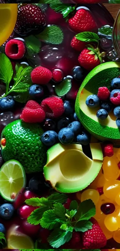 Vibrant mix of berries and citrus fruits with avocado slices on a mobile wallpaper.