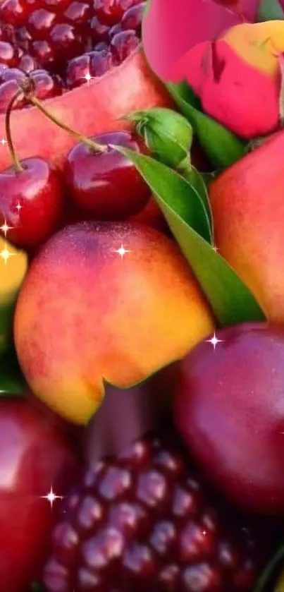 Vibrant phone wallpaper with cherries, peaches, and pomegranates.