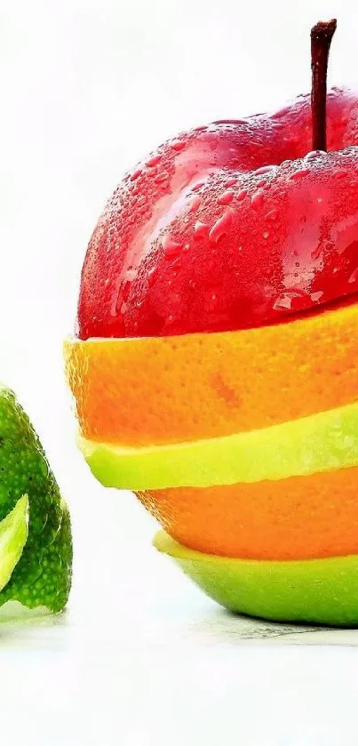 Colorful sliced apple with orange and lime layers on a white background.