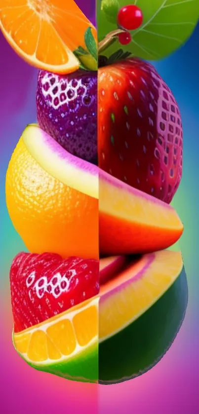 Vibrant fruit fusion design with colorful sliced fruits in purple and blue background.