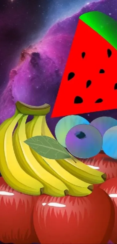 Colorful fruit and galaxy themed mobile wallpaper.
