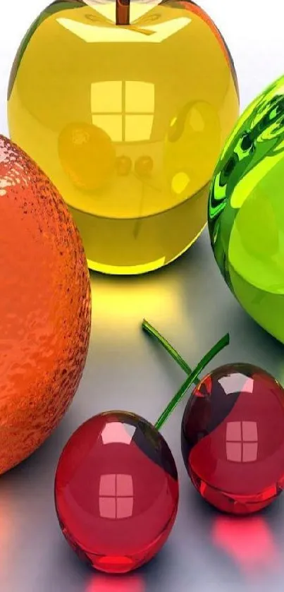 Colorful glass fruit artwork with vibrant yellow, green, red, and orange hues.