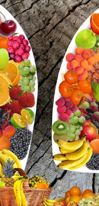 Colorful fruit heart wallpaper with kiwi, strawberries, and raspberries.