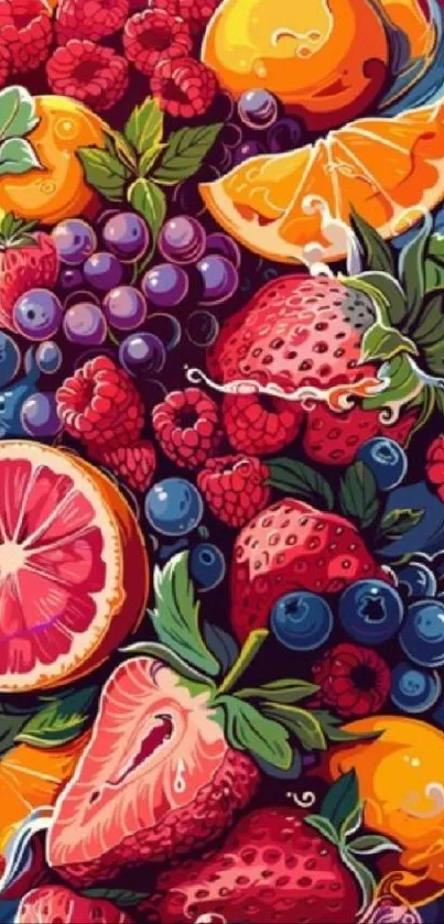 Vibrant fruit illustration with oranges, strawberries, and grapes.