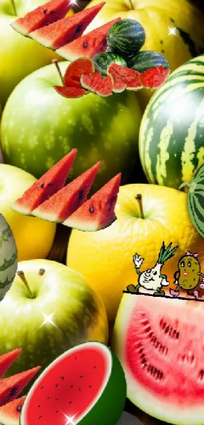 Colorful fruit and vegetable illustration wallpaper for mobile.