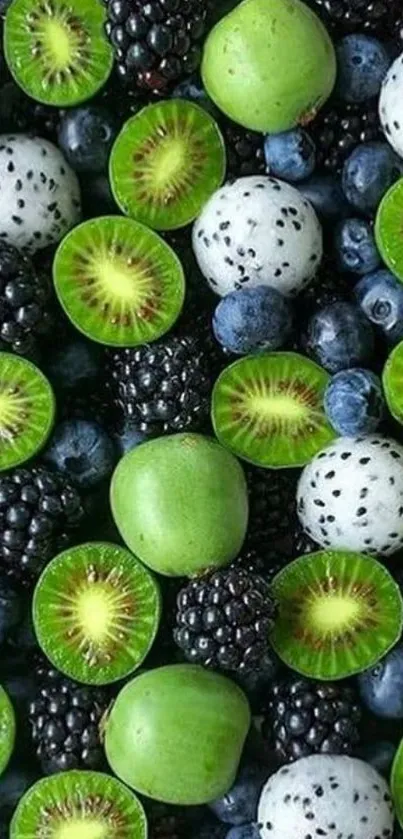 Vibrant fruit wallpaper with kiwi, blackberries, and dragon fruit.