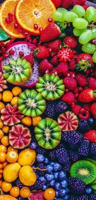 Colorful fruit medley wallpaper with vibrant tropical fruits.