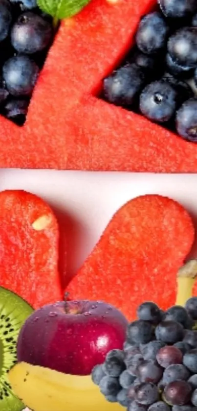 Vibrant fruit wallpaper with watermelon, grapes, kiwi, and banana.
