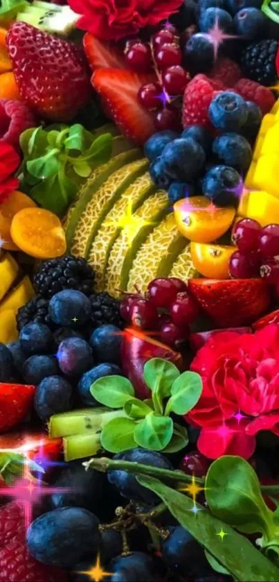 Colorful arrangement of berries, mango, and red flowers.