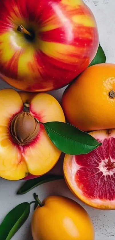 Vibrant fruits including apples, peaches, oranges with green leaves on a light background.