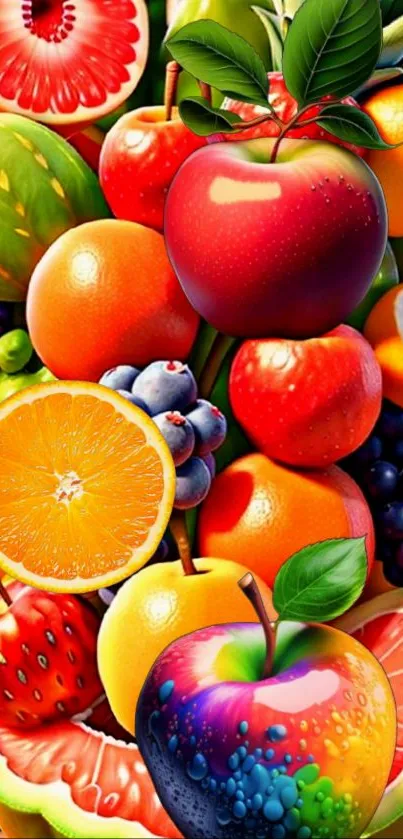 Vibrant mix of colorful fruits including oranges, apples, and berries.