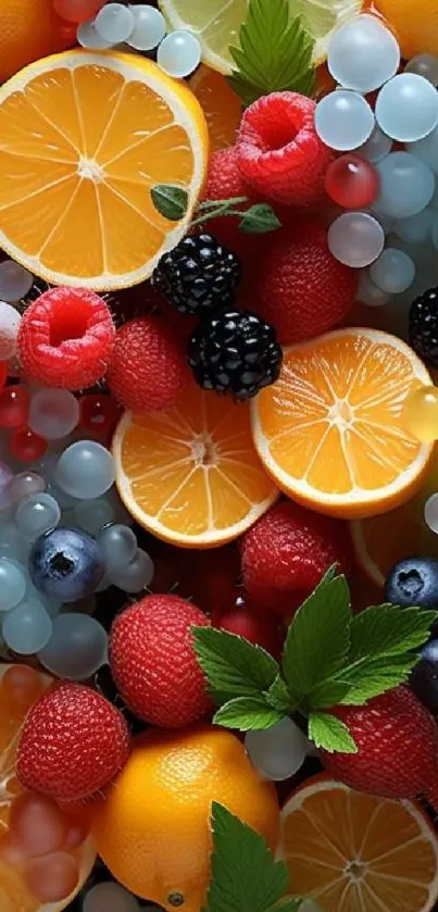 Vibrant assortment of fruits with oranges, berries, and leaves on a wallpaper.