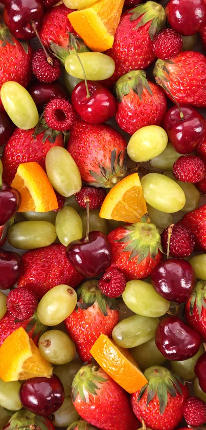 A vibrant wallpaper of strawberries, grapes, cherries, and orange slices.