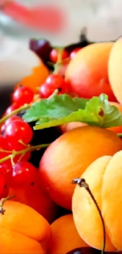Vibrant wallpaper with apricots, cherries, and red berries.
