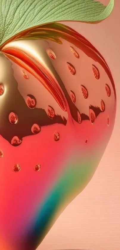 Artistic 3D strawberry with vibrant colors on a coral background.