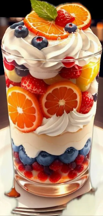 Vibrant fruit parfait with citrus, berries, and whipped cream in a glass.