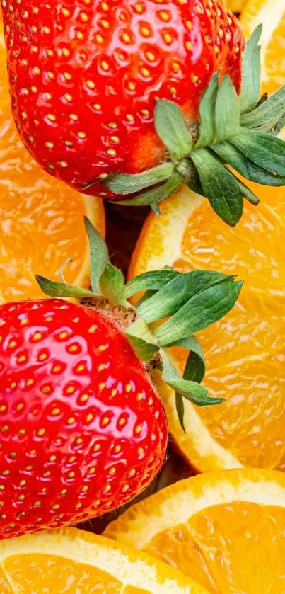 Vibrant strawberries and oranges wallpaper.