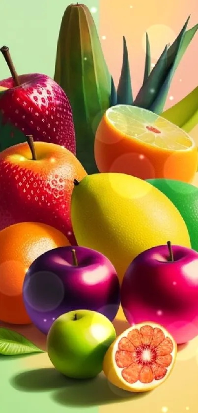 Colorful wallpaper featuring realistic fruit illustrations on a vibrant gradient background.