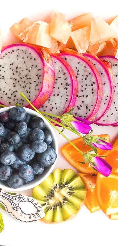 Vibrant food wallpaper with fruit platter featuring blueberries, kiwi, and oranges.