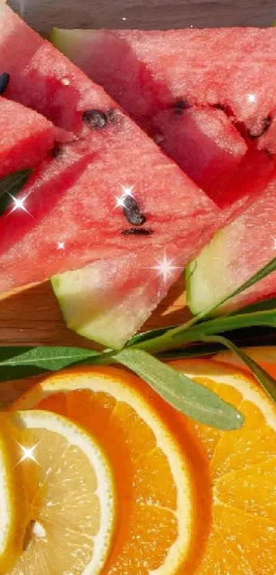Fresh watermelon and citrus slices on wood