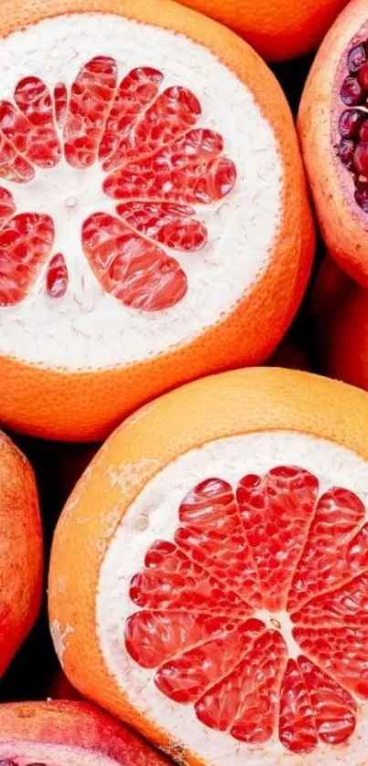 Colorful wallpaper with grapefruit and pomegranate slices.