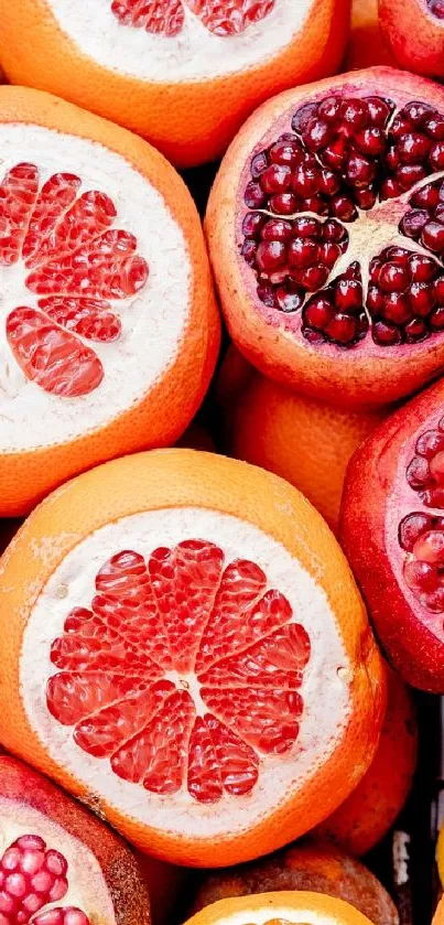 Vibrant wallpaper with grapefruit and pomegranate slices.